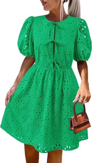 KIRUNDO Womens Summer Dresses 2025 Short Puff Sleeve Open Tie Front Eyelet Hollow Out A Line Wedding Guest Beach Sundress
