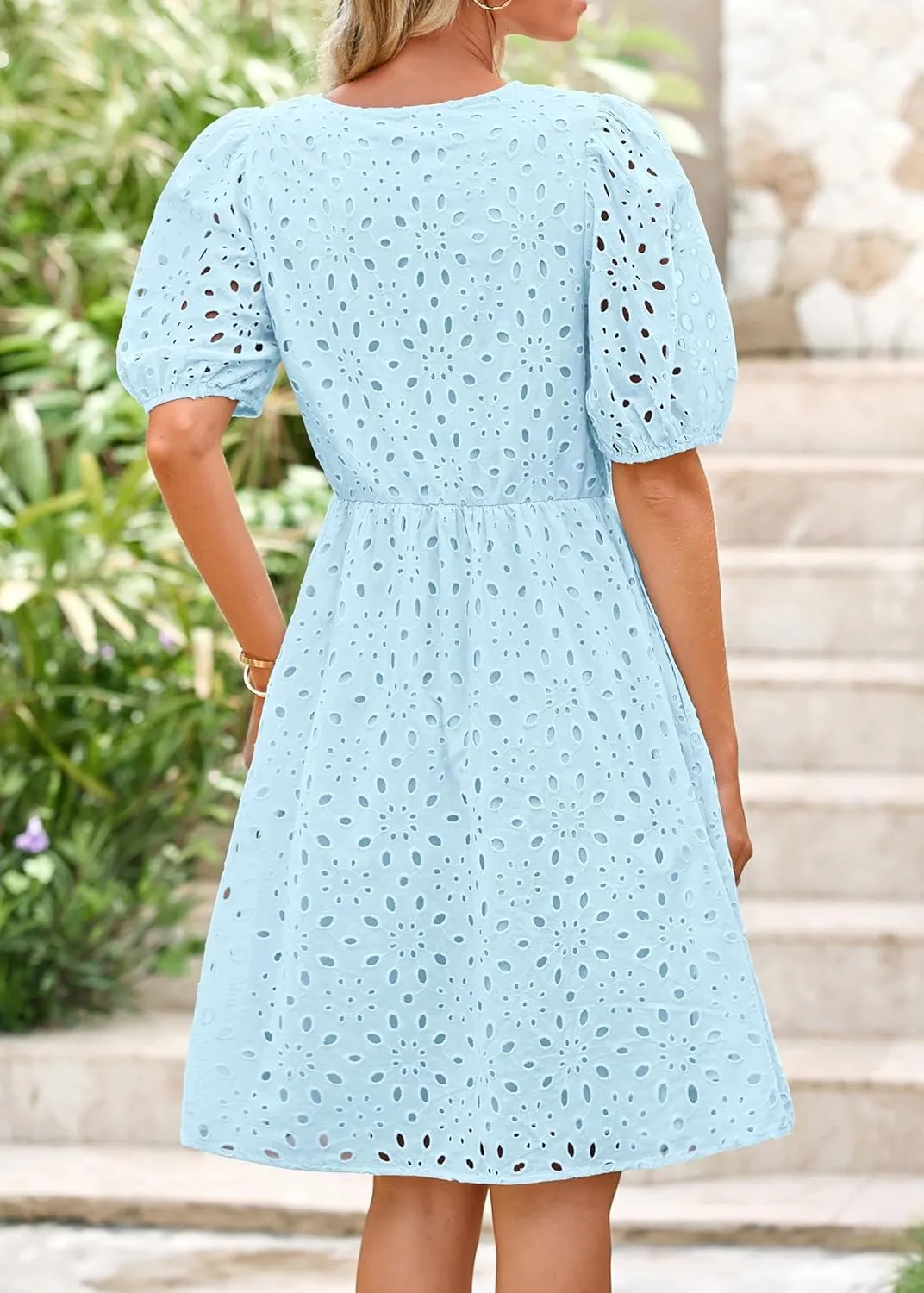 KIRUNDO Womens Summer Dresses 2025 Short Puff Sleeve Open Tie Front Eyelet Hollow Out A Line Wedding Guest Beach Sundress