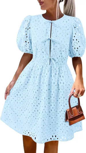 KIRUNDO Womens Summer Dresses 2025 Short Puff Sleeve Open Tie Front Eyelet Hollow Out A Line Wedding Guest Beach Sundress