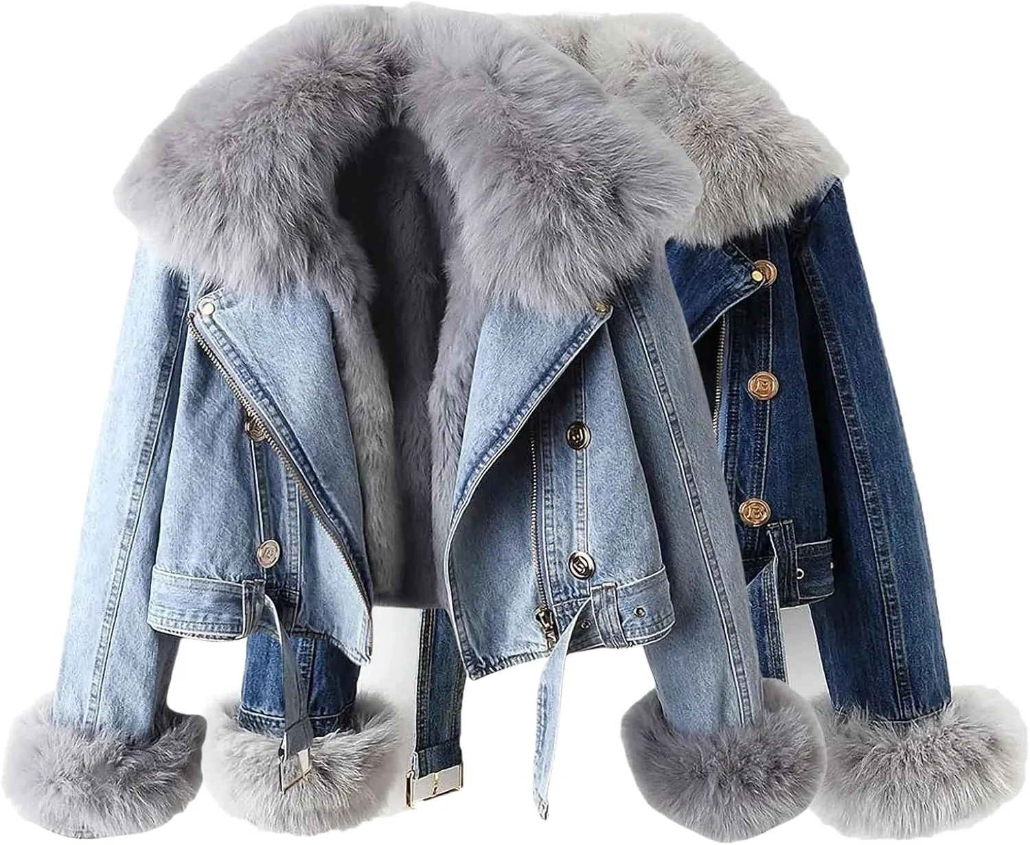 Kubbon Women Denim Jacket Sherpa Fleece Lined Short Denim Jacket Faux Fur Crop Parka Shacket Thicken Shaggy Winter Outwear