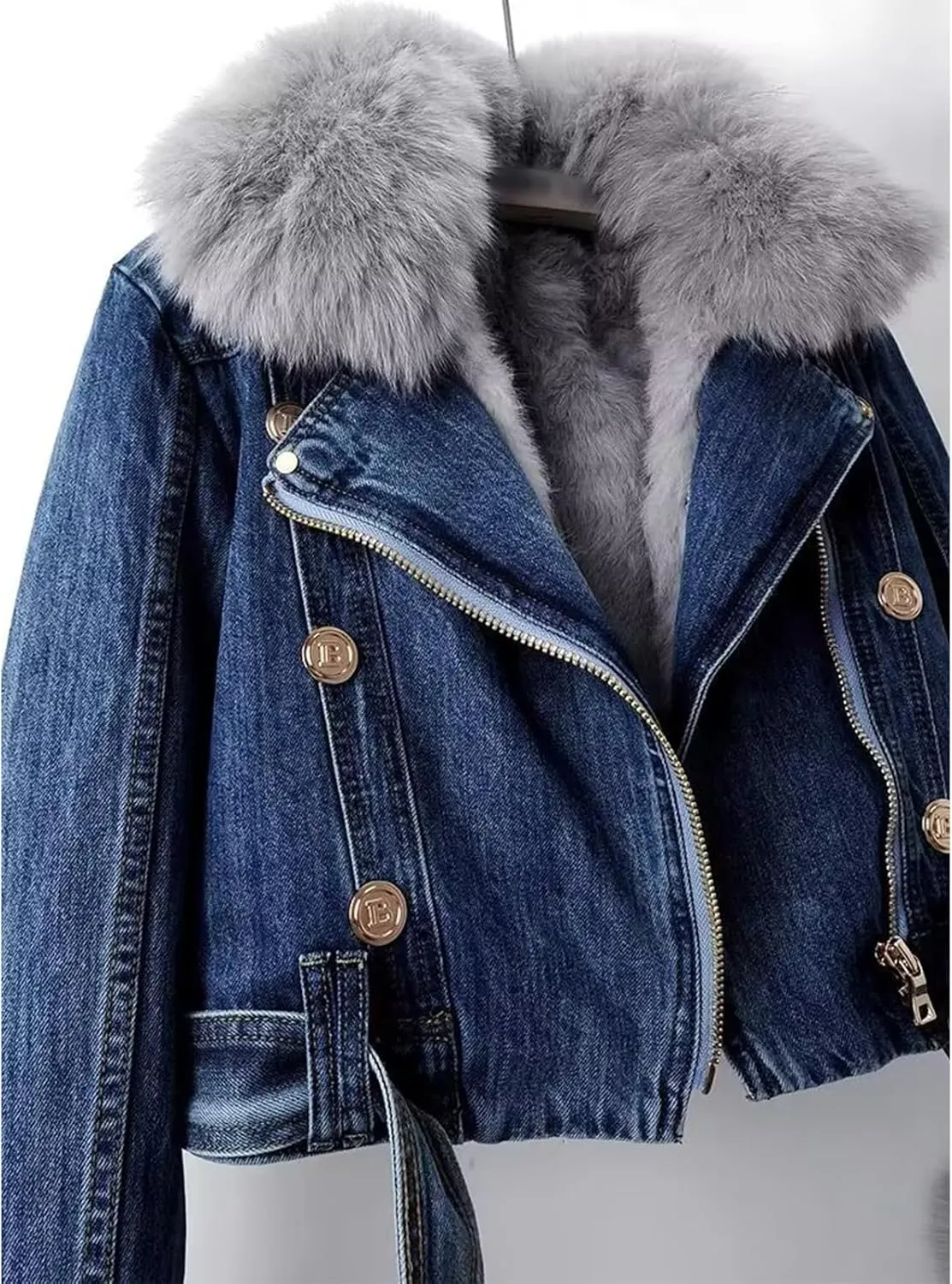 Kubbon Women Denim Jacket Sherpa Fleece Lined Short Denim Jacket Faux Fur Crop Parka Shacket Thicken Shaggy Winter Outwear