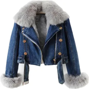 Kubbon Women Denim Jacket Sherpa Fleece Lined Short Denim Jacket Faux Fur Crop Parka Shacket Thicken Shaggy Winter Outwear