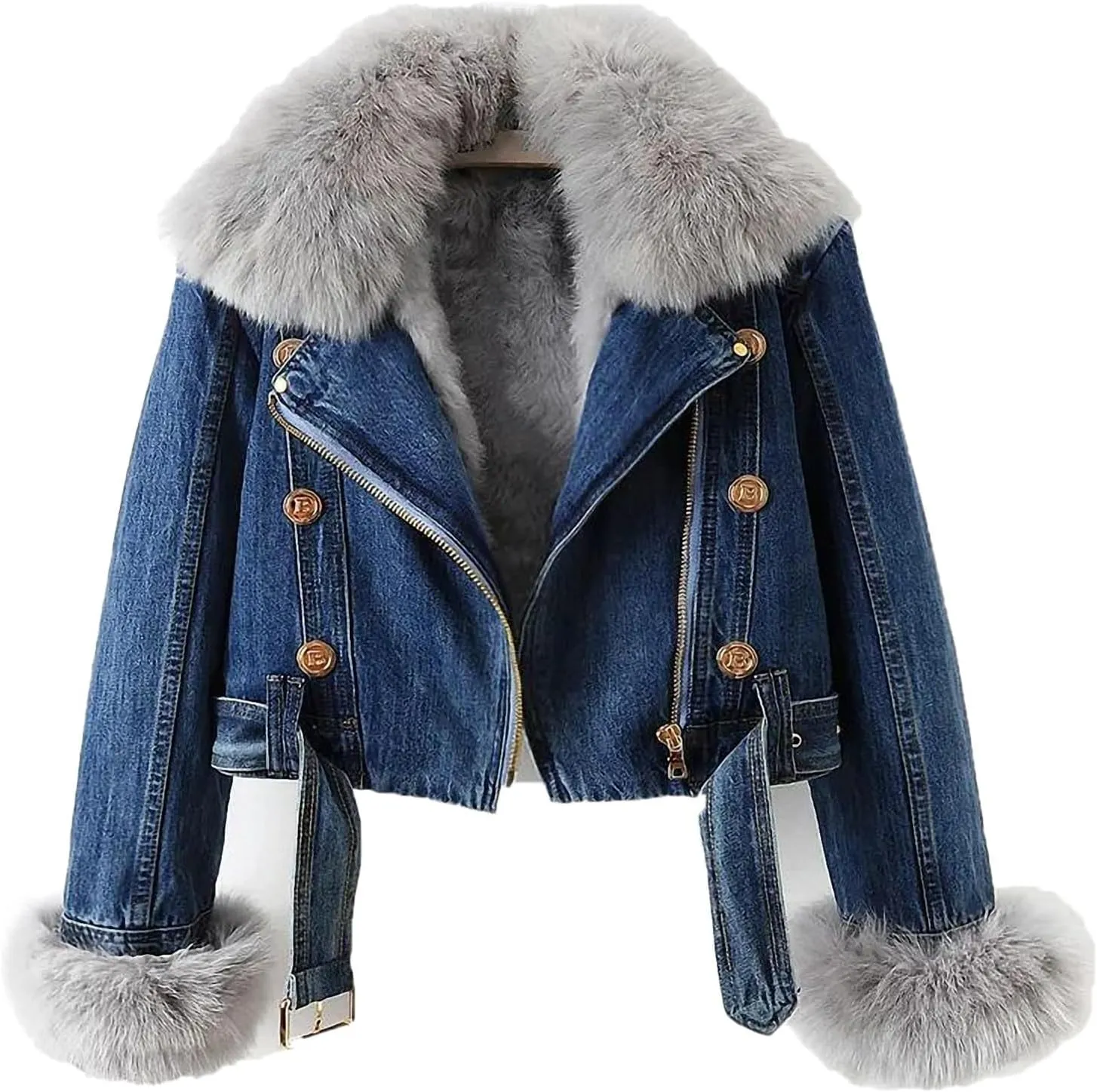 Kubbon Women Denim Jacket Sherpa Fleece Lined Short Denim Jacket Faux Fur Crop Parka Shacket Thicken Shaggy Winter Outwear