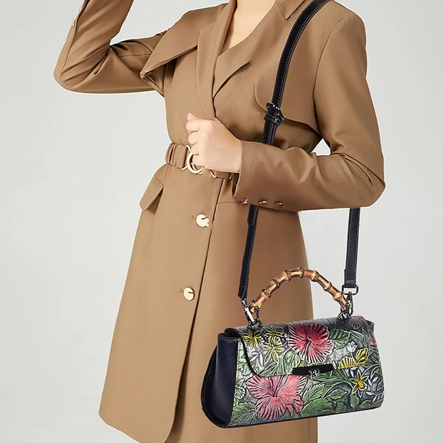 Ladies Messenger Bag, Bamboo-Look Handle Leather Satchel, Vintage Leather Shoulder Bag, Adjustable Shoulder Strap