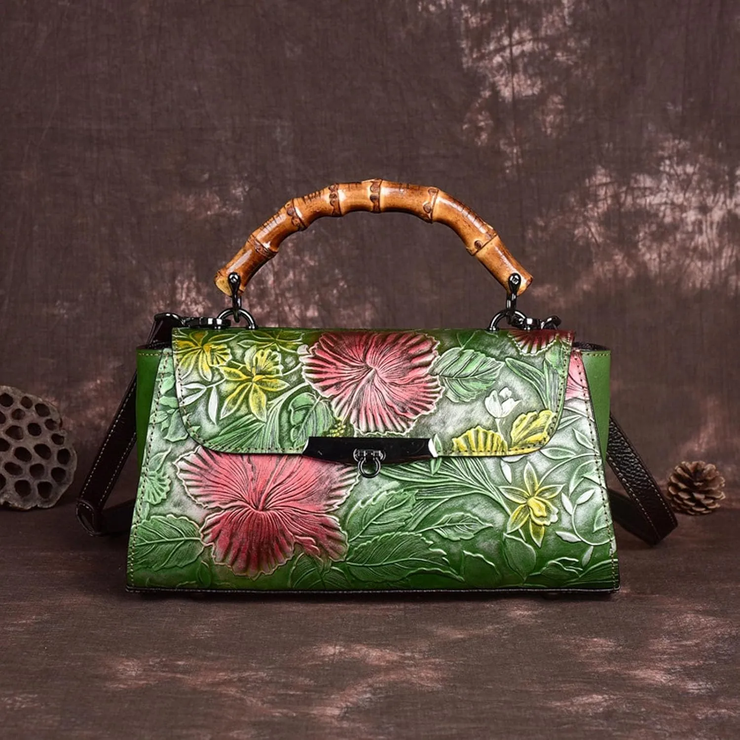 Ladies Messenger Bag, Bamboo-Look Handle Leather Satchel, Vintage Leather Shoulder Bag, Adjustable Shoulder Strap