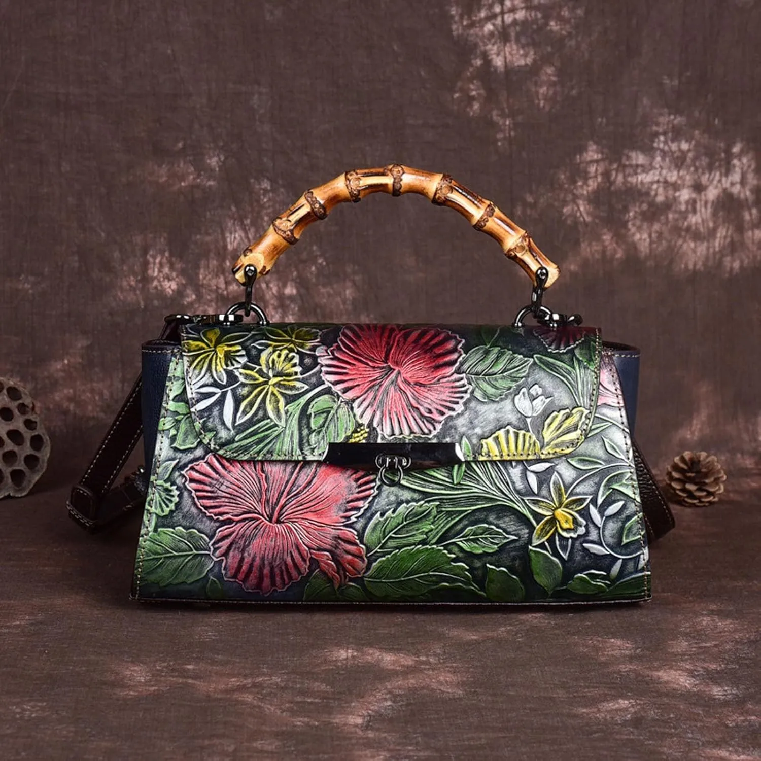 Ladies Messenger Bag, Bamboo-Look Handle Leather Satchel, Vintage Leather Shoulder Bag, Adjustable Shoulder Strap