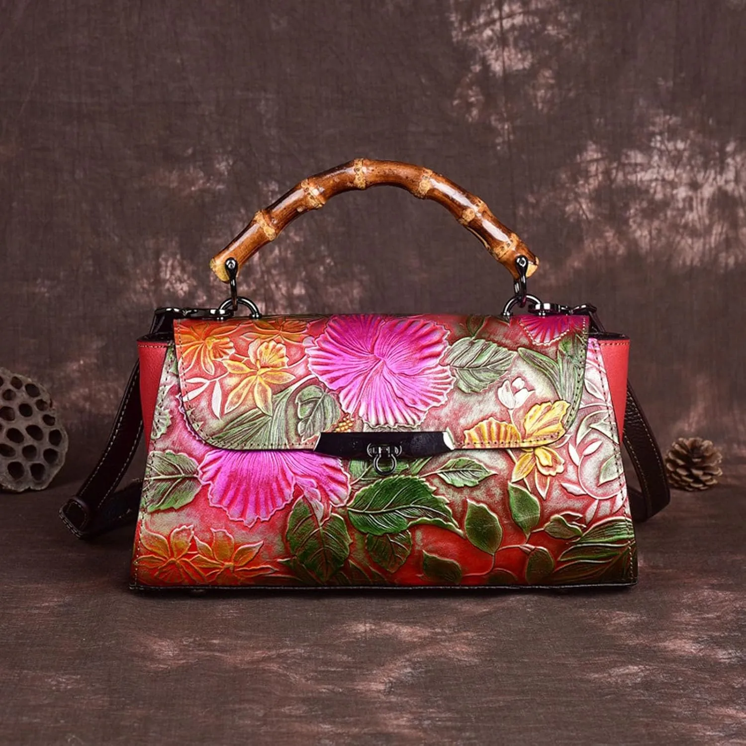 Ladies Messenger Bag, Bamboo-Look Handle Leather Satchel, Vintage Leather Shoulder Bag, Adjustable Shoulder Strap