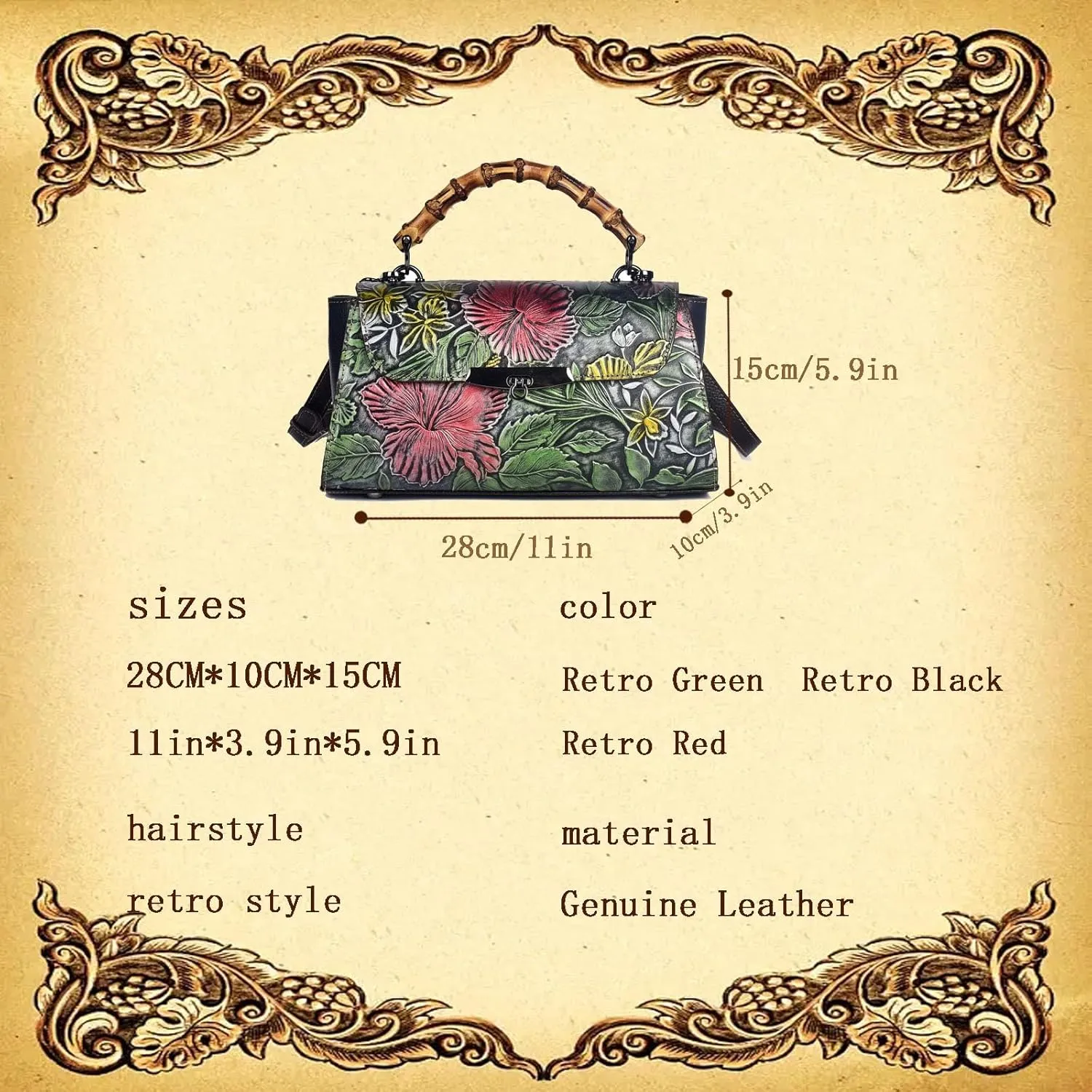Ladies Messenger Bag, Bamboo-Look Handle Leather Satchel, Vintage Leather Shoulder Bag, Adjustable Shoulder Strap