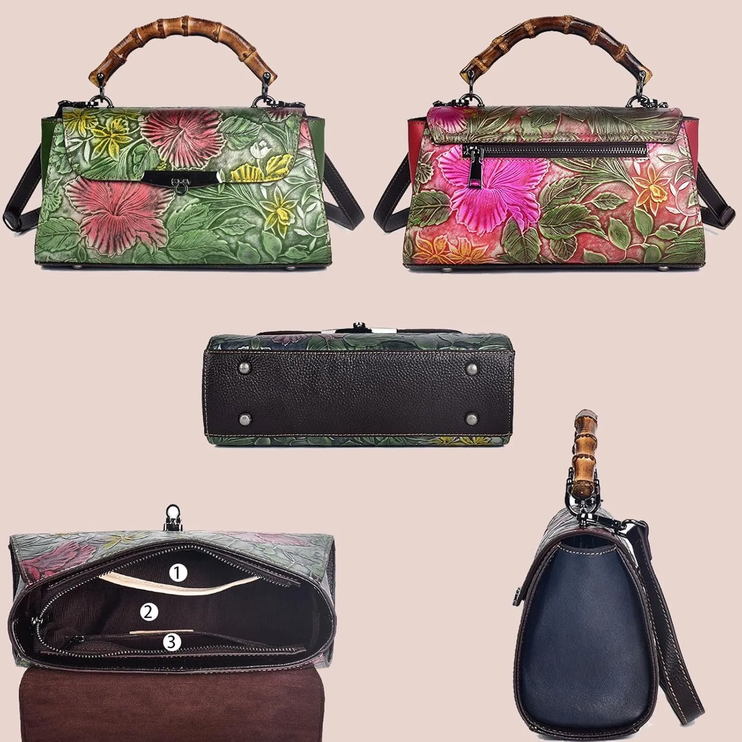 Ladies Messenger Bag, Bamboo-Look Handle Leather Satchel, Vintage Leather Shoulder Bag, Adjustable Shoulder Strap