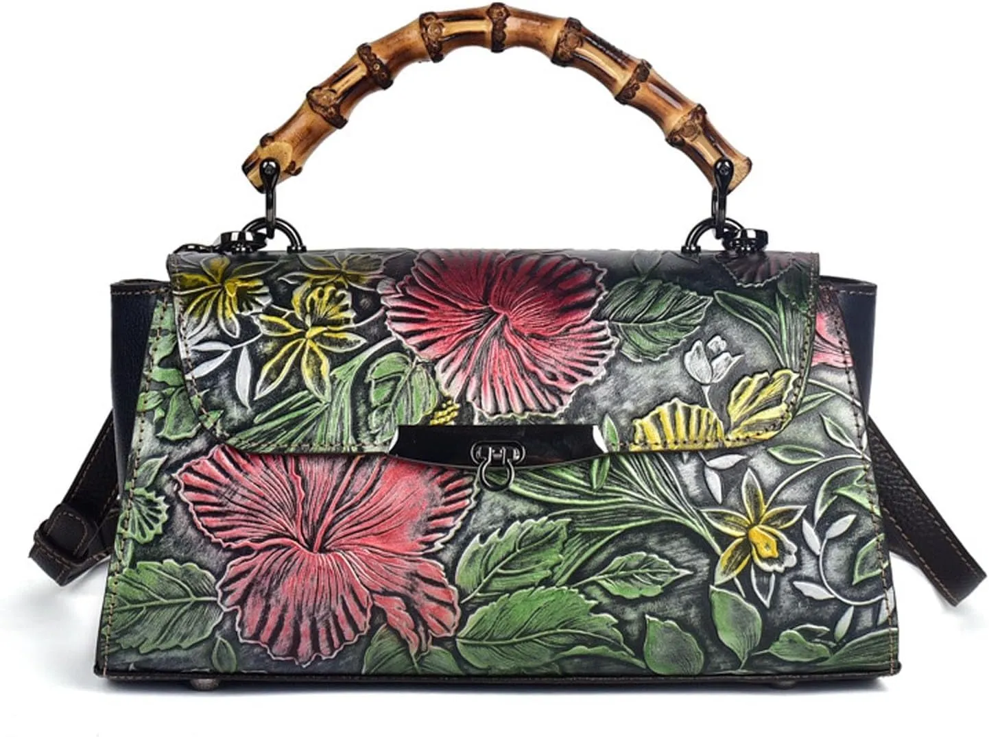 Ladies Messenger Bag, Bamboo-Look Handle Leather Satchel, Vintage Leather Shoulder Bag, Adjustable Shoulder Strap