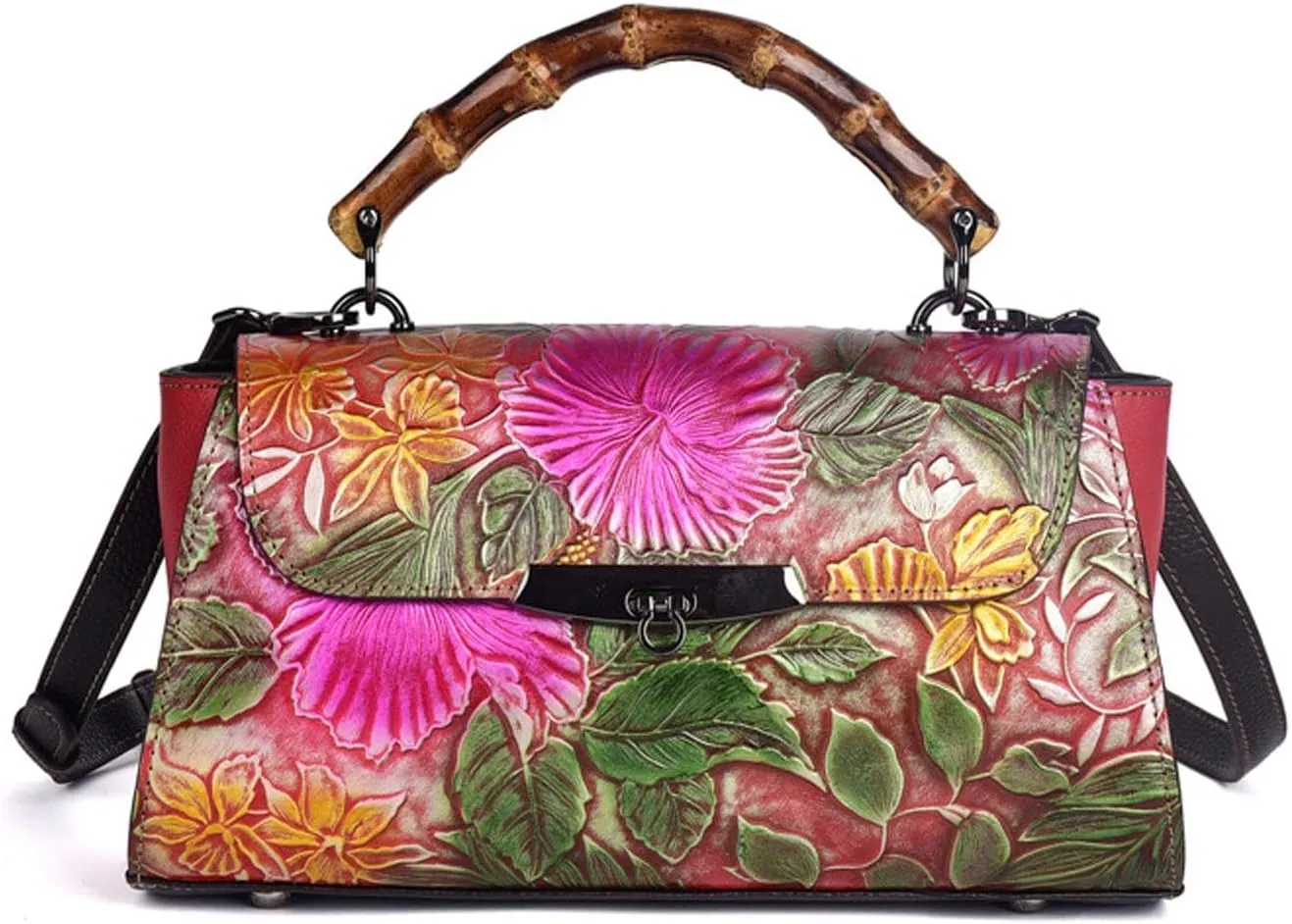 Ladies Messenger Bag, Bamboo-Look Handle Leather Satchel, Vintage Leather Shoulder Bag, Adjustable Shoulder Strap