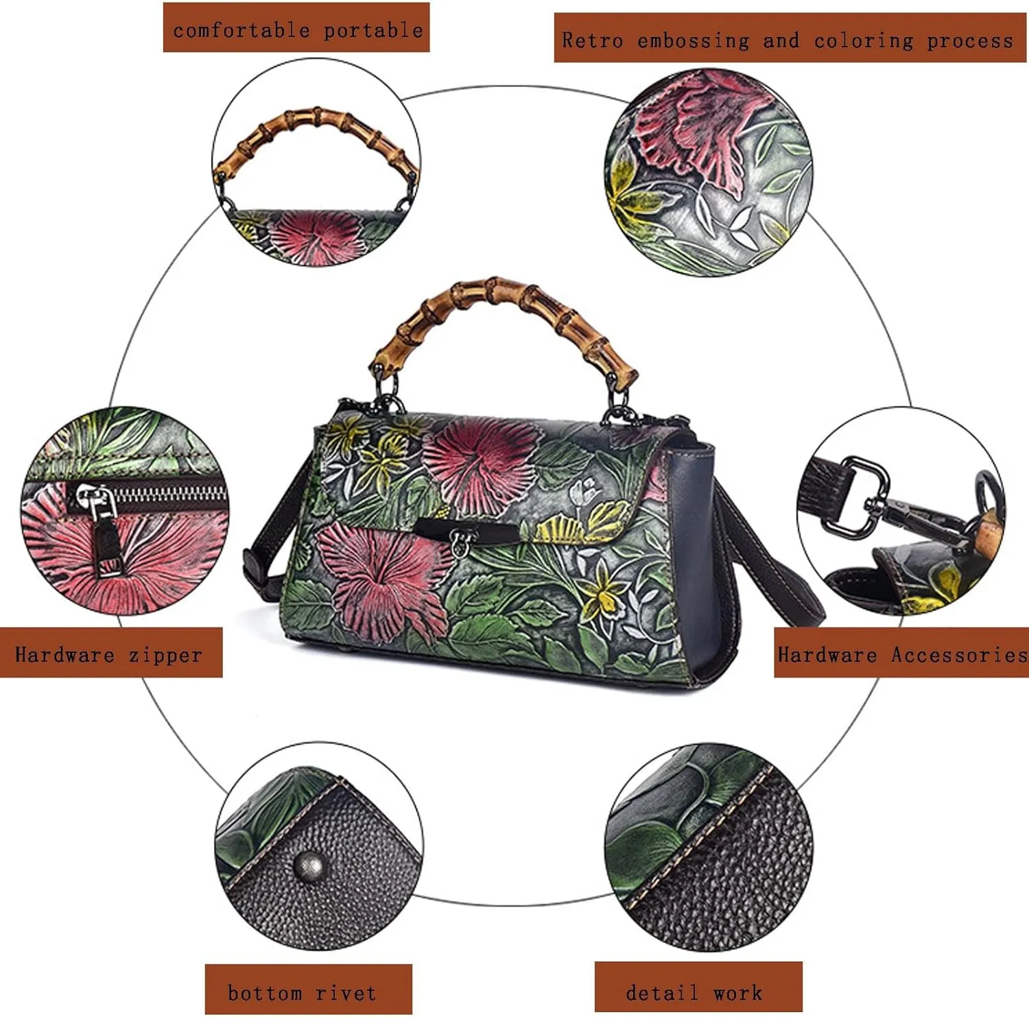 Ladies Messenger Bag, Bamboo-Look Handle Leather Satchel, Vintage Leather Shoulder Bag, Adjustable Shoulder Strap