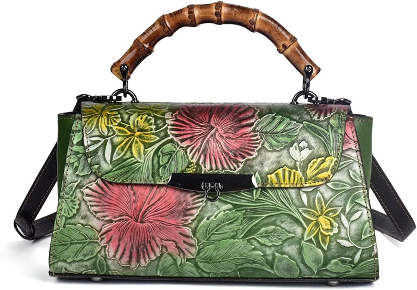 Ladies Messenger Bag, Bamboo-Look Handle Leather Satchel, Vintage Leather Shoulder Bag, Adjustable Shoulder Strap