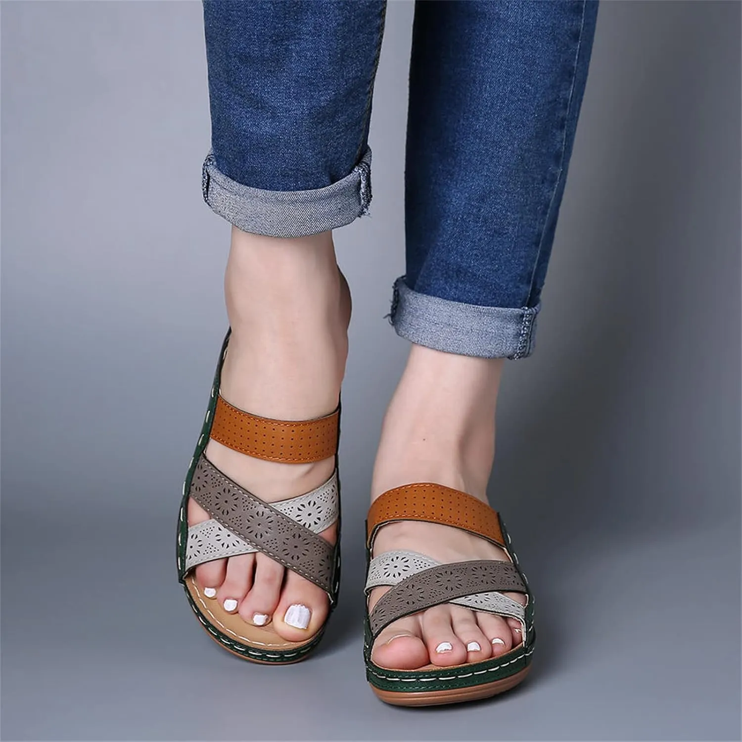 Ladmiple Fashion Sandals Women Dressy Summer Flat Orthotic Slides Comfortable Arch Support Walking Orthopedic Flip Flops