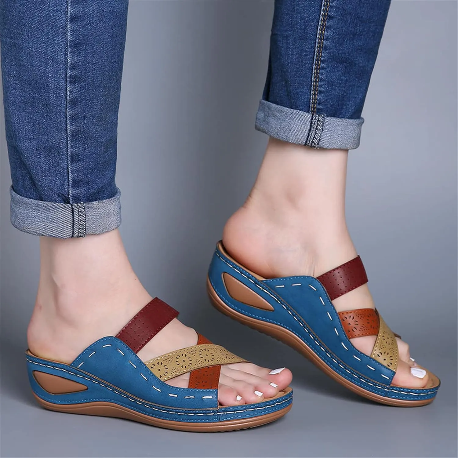 Ladmiple Fashion Sandals Women Dressy Summer Flat Orthotic Slides Comfortable Arch Support Walking Orthopedic Flip Flops