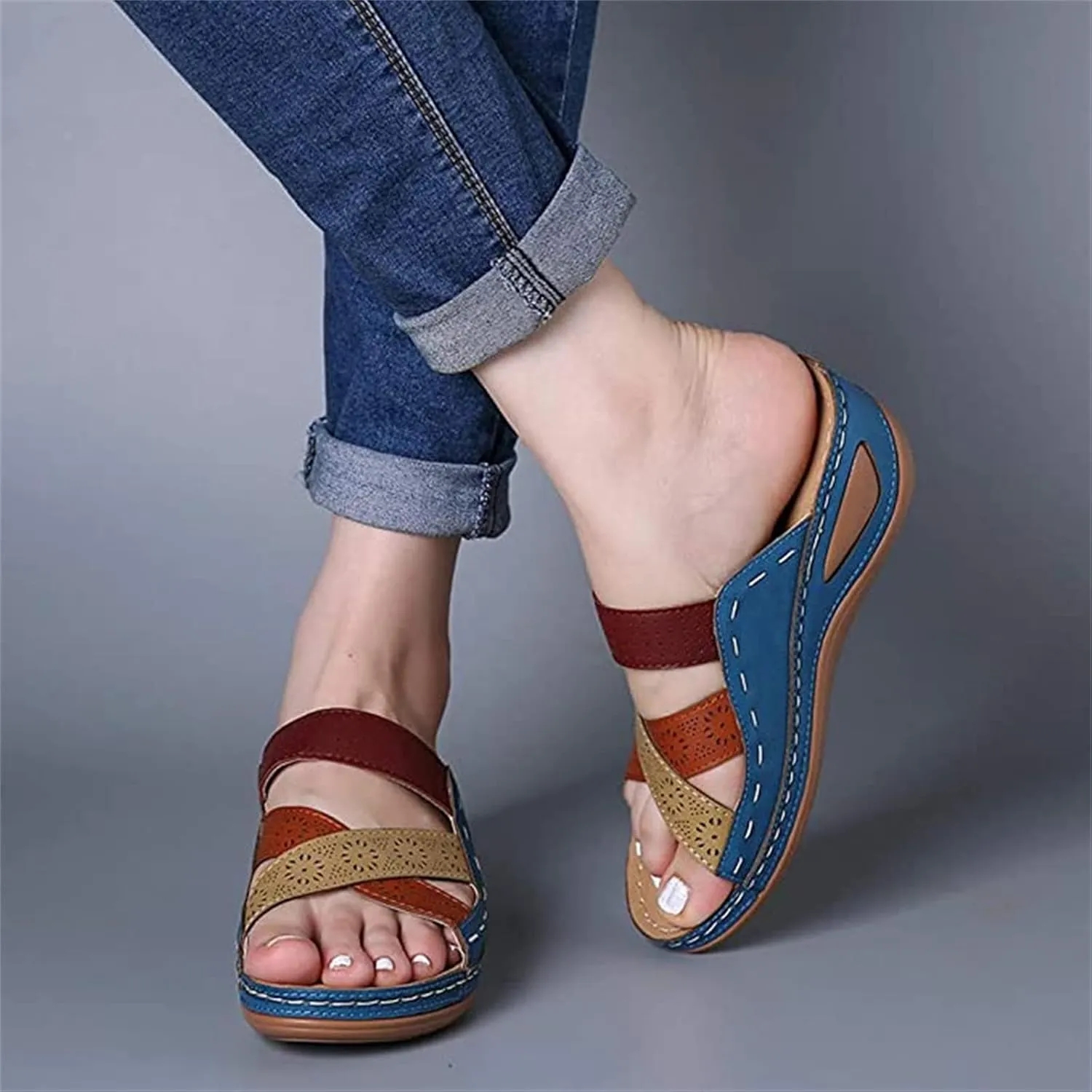 Ladmiple Fashion Sandals Women Dressy Summer Flat Orthotic Slides Comfortable Arch Support Walking Orthopedic Flip Flops
