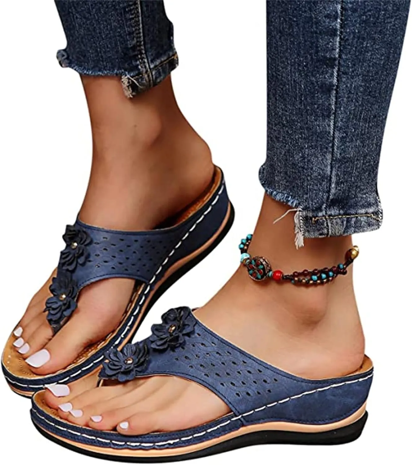Ladmiple Sandals Women Comfortable Cute Wedge Orthopedic Arch Support Flip Flops Dressy Summer Walking Orthotic Slides Shoes