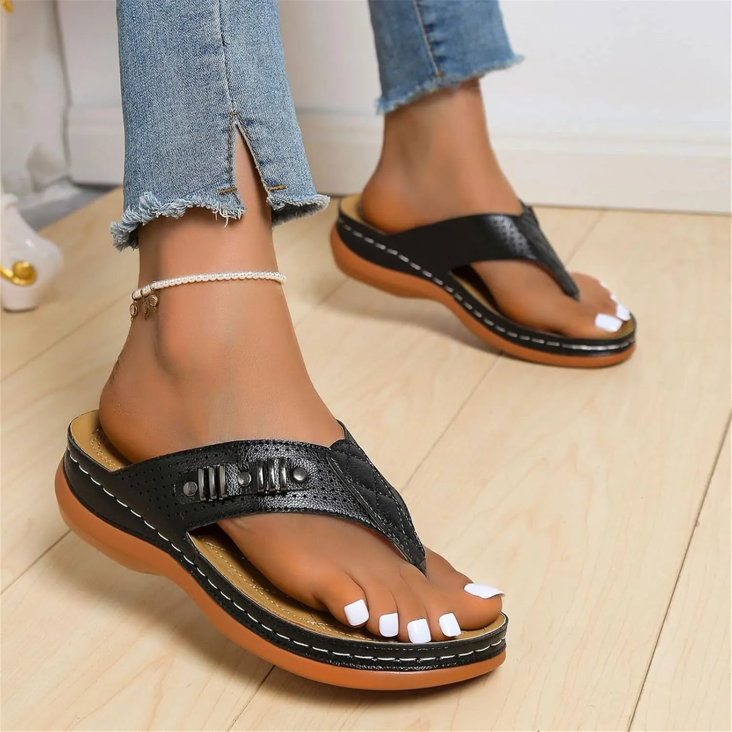 Ladmiple Sandals Women Comfortable Cute Wedge Orthotic Flips Flops Arch Support Flat feet Orthopedic Slides Plantar Fasciitis