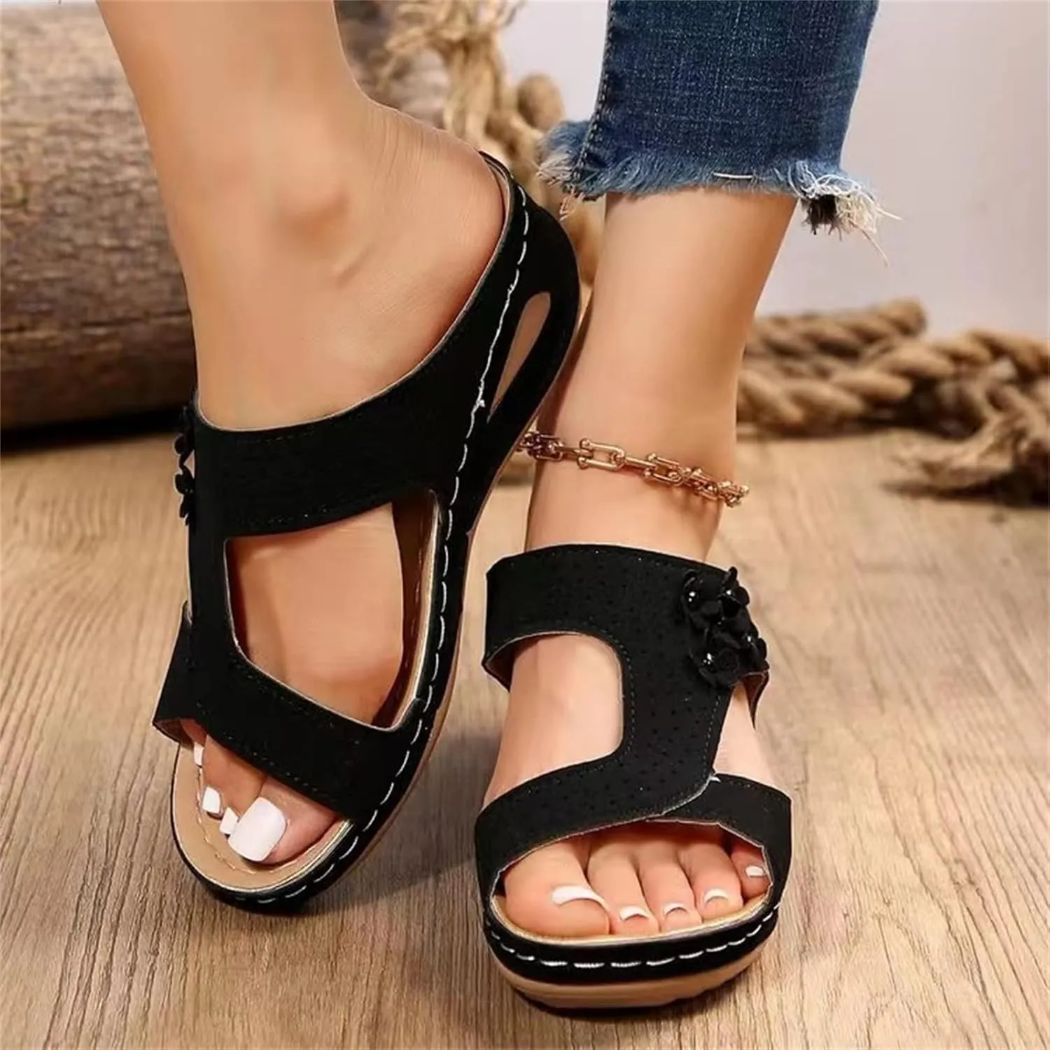 Ladmiple Sandals Women Wedge Low Heel Comfort Orthotic Walking Slides Open Toe Arch Support Summer Orthopedic Flip Flops