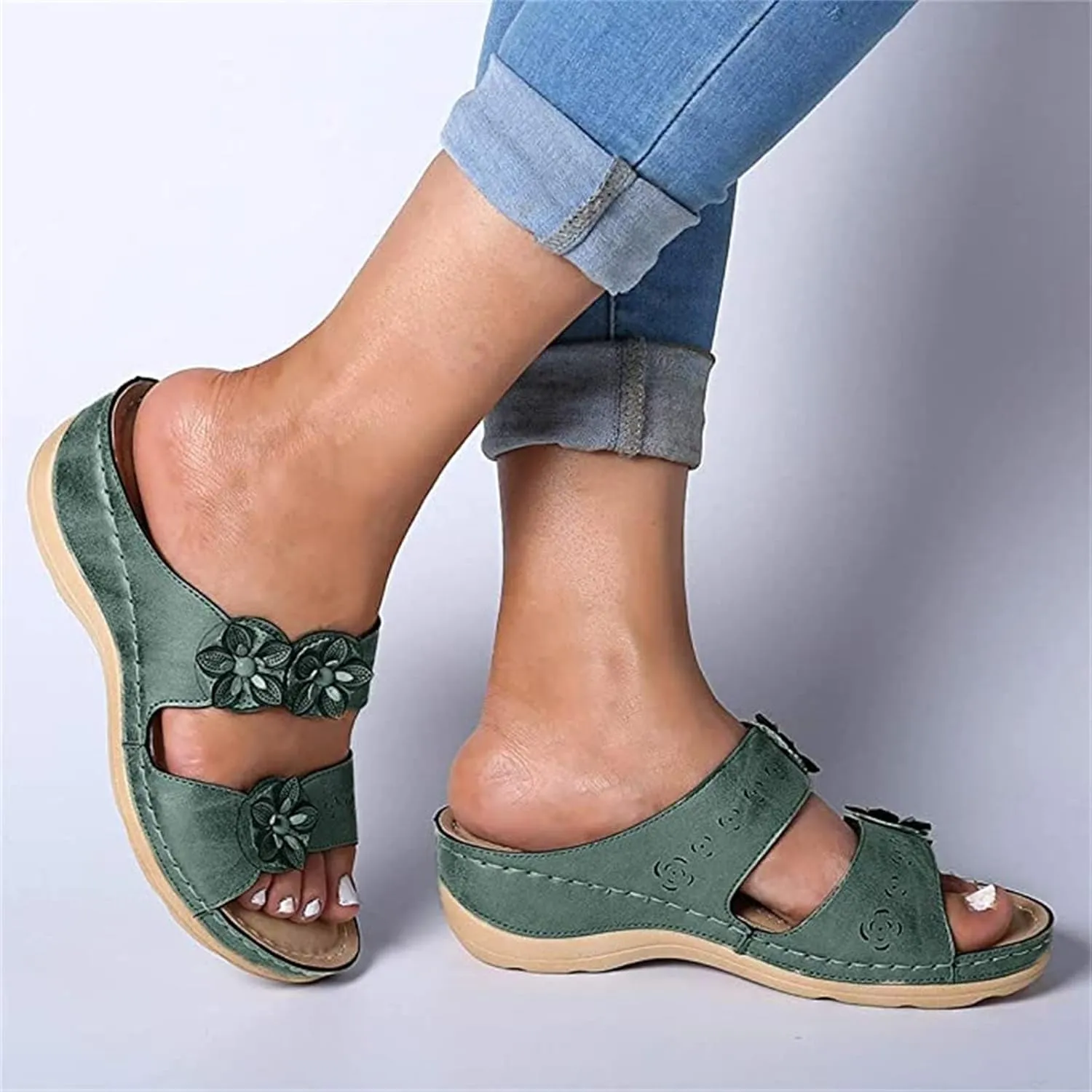 Ladmiple Womens Casual Summer Flower Orthopedic Wedge Flip Flops Arch Support Beach Roman Open Toe Slip On Slipper Shoes