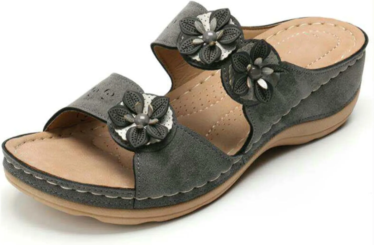 Ladmiple Womens Casual Summer Flower Orthopedic Wedge Flip Flops Arch Support Beach Roman Open Toe Slip On Slipper Shoes