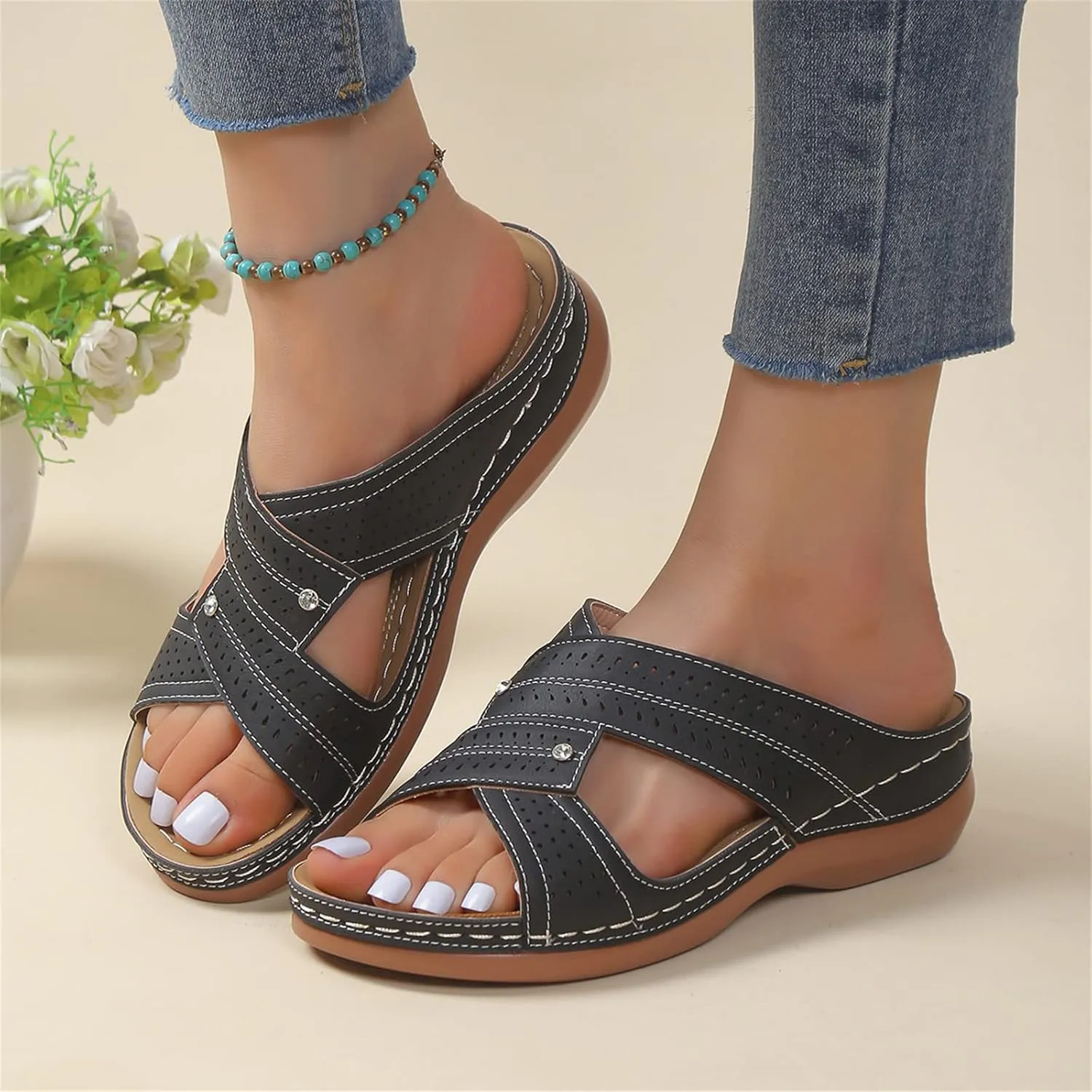 Ladmiple Womens Sandals Comfortable Arch Support Orthotic Walking Slides Dressy Summer Open Toe Orthopedic Flip Flops 2024