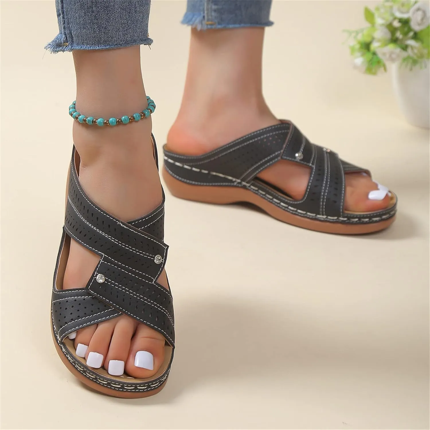 Ladmiple Womens Sandals Comfortable Arch Support Orthotic Walking Slides Dressy Summer Open Toe Orthopedic Flip Flops 2024
