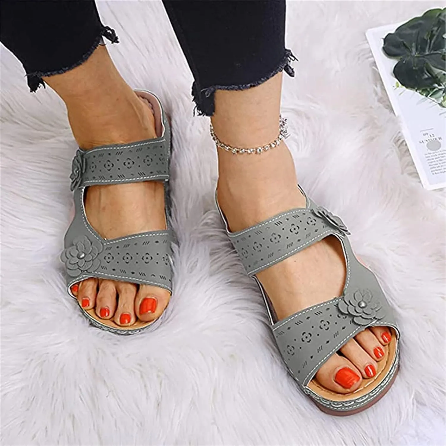 Ladmiple Womens Sandals Dressy Flat Arch Support Comfortable Orthopedic Slides Casual Summer Slip On Orthotic Flip Flops