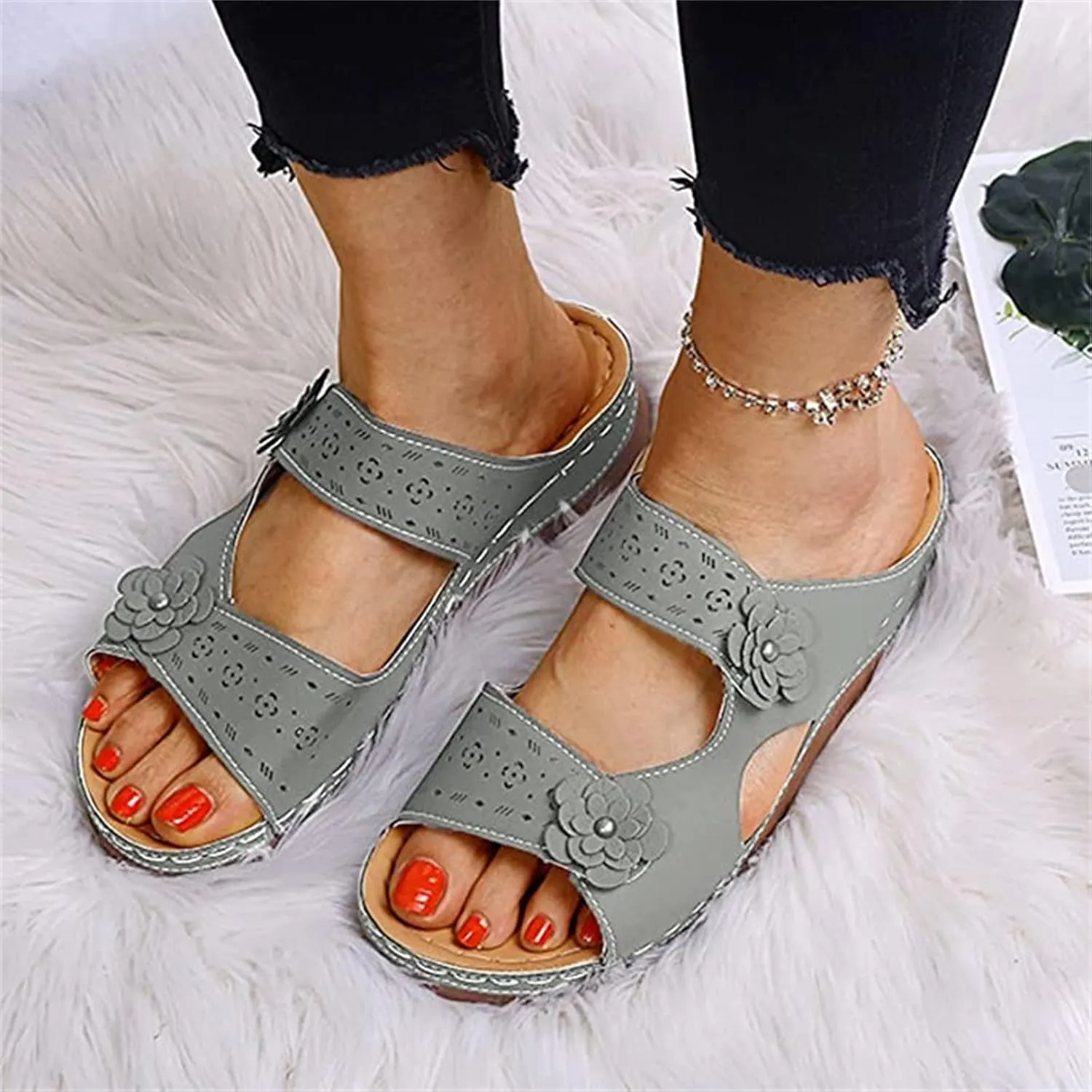 Ladmiple Womens Sandals Dressy Flat Arch Support Comfortable Orthopedic Slides Casual Summer Slip On Orthotic Flip Flops