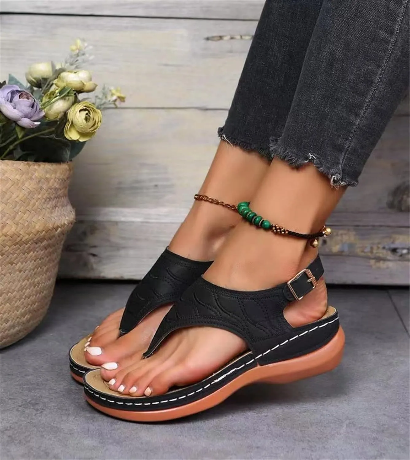 Ladmiple Women's Sandals Wedge Heel Orthotic Slides Comfortable Dressy Summer Orthopedic Thong Flip Flops with Arch Support
