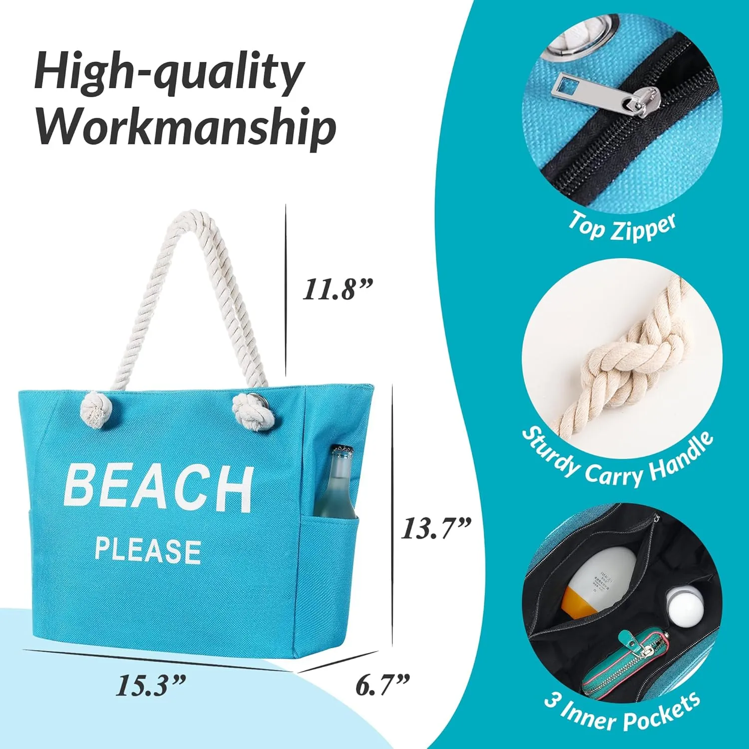 Large Canvas Beach Tote Bag with Zipper Women Swim, Travel, Shopping, Gym and Beach Holiday Cruise Essentials