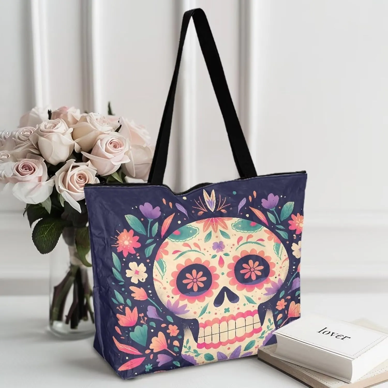 Large Zipper Tote Bag for Gym Work, Holiday Theme Recycle Paper Tote Bags with Handles Reusable Grocery Bag