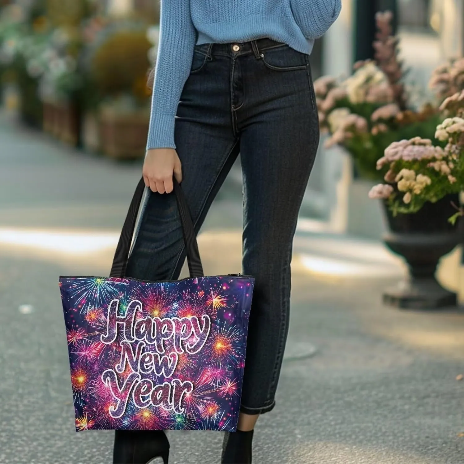 Large Zipper Tote Bag for Gym Work, Holiday Theme Recycle Paper Tote Bags with Handles Reusable Grocery Bag