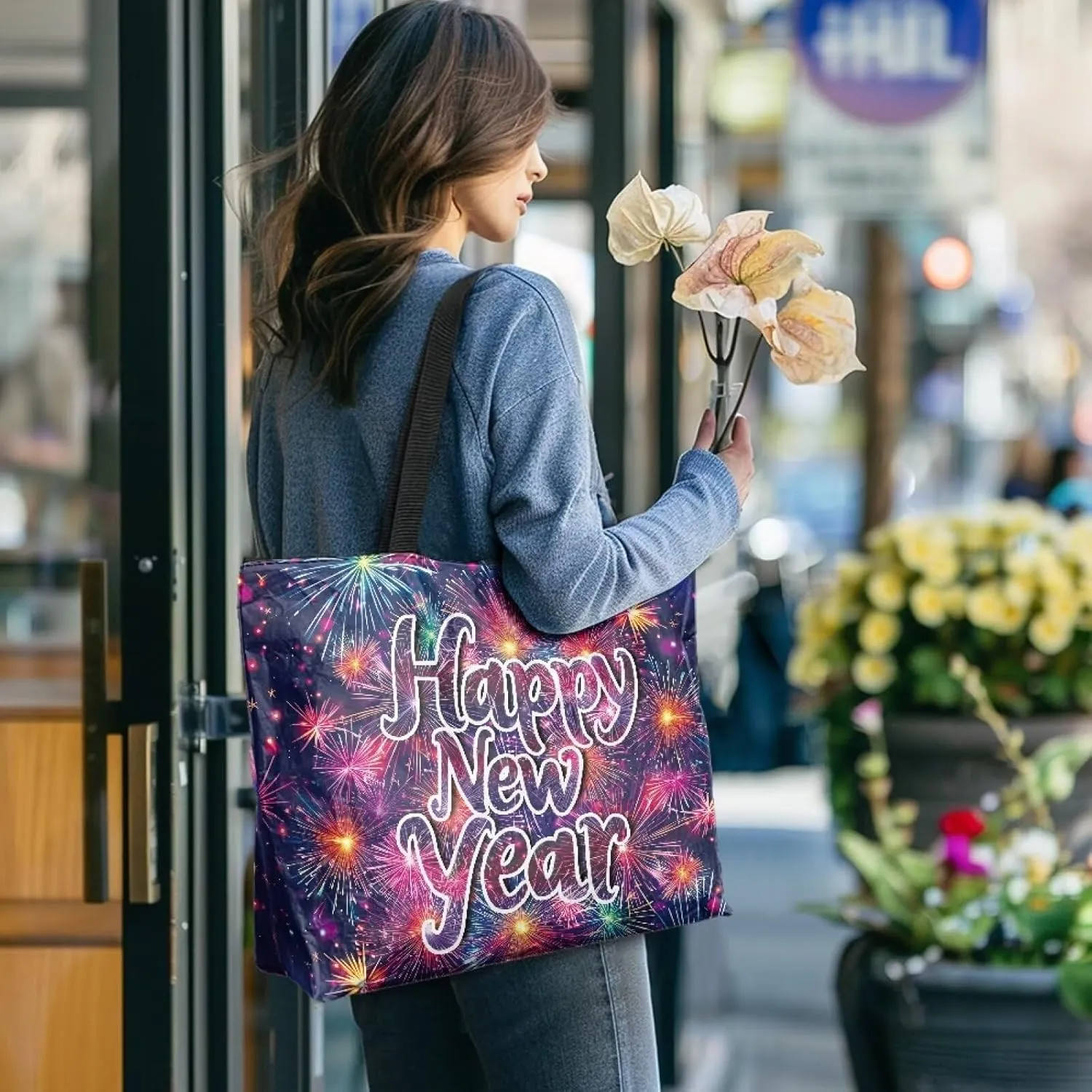 Large Zipper Tote Bag for Gym Work, Holiday Theme Recycle Paper Tote Bags with Handles Reusable Grocery Bag