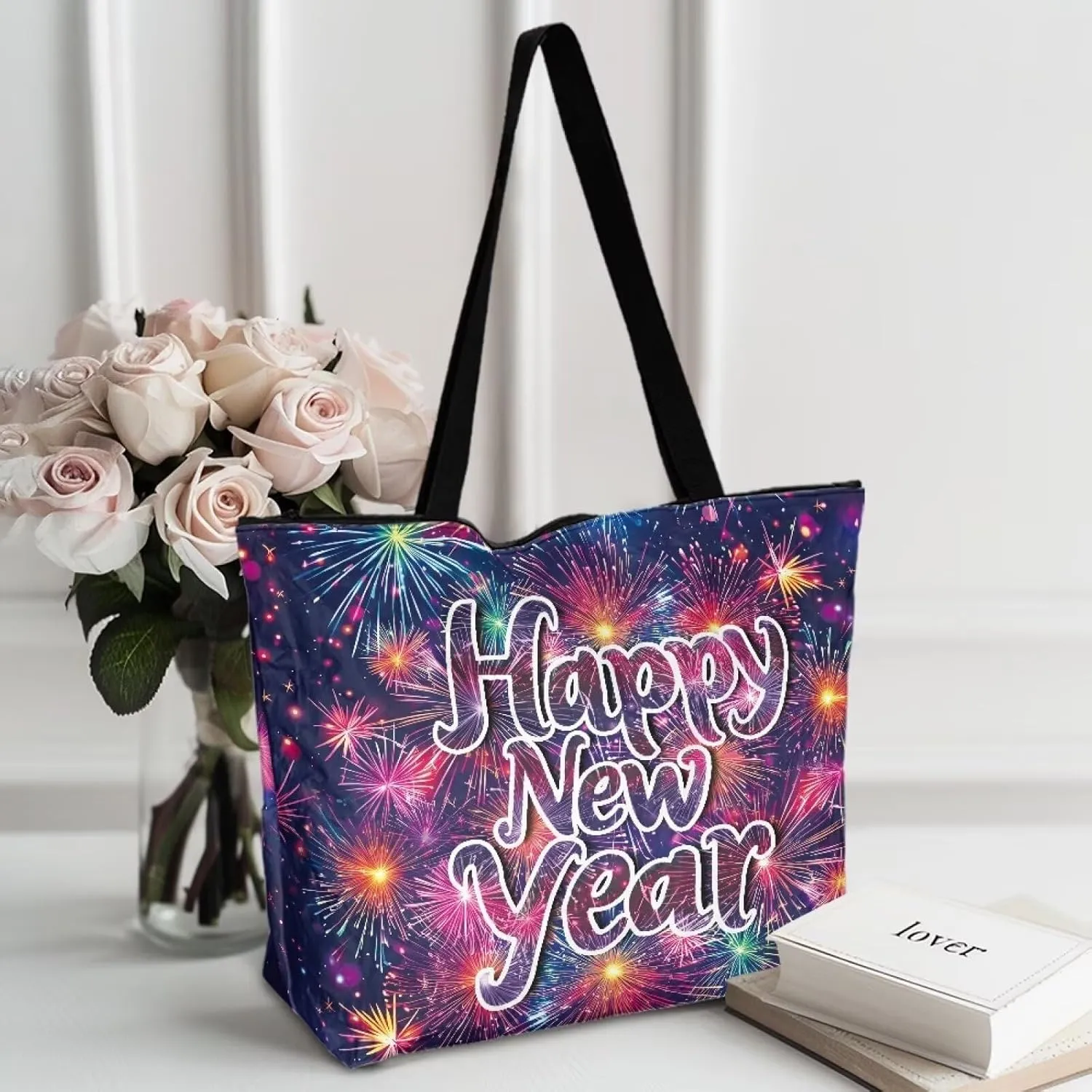 Large Zipper Tote Bag for Gym Work, Holiday Theme Recycle Paper Tote Bags with Handles Reusable Grocery Bag