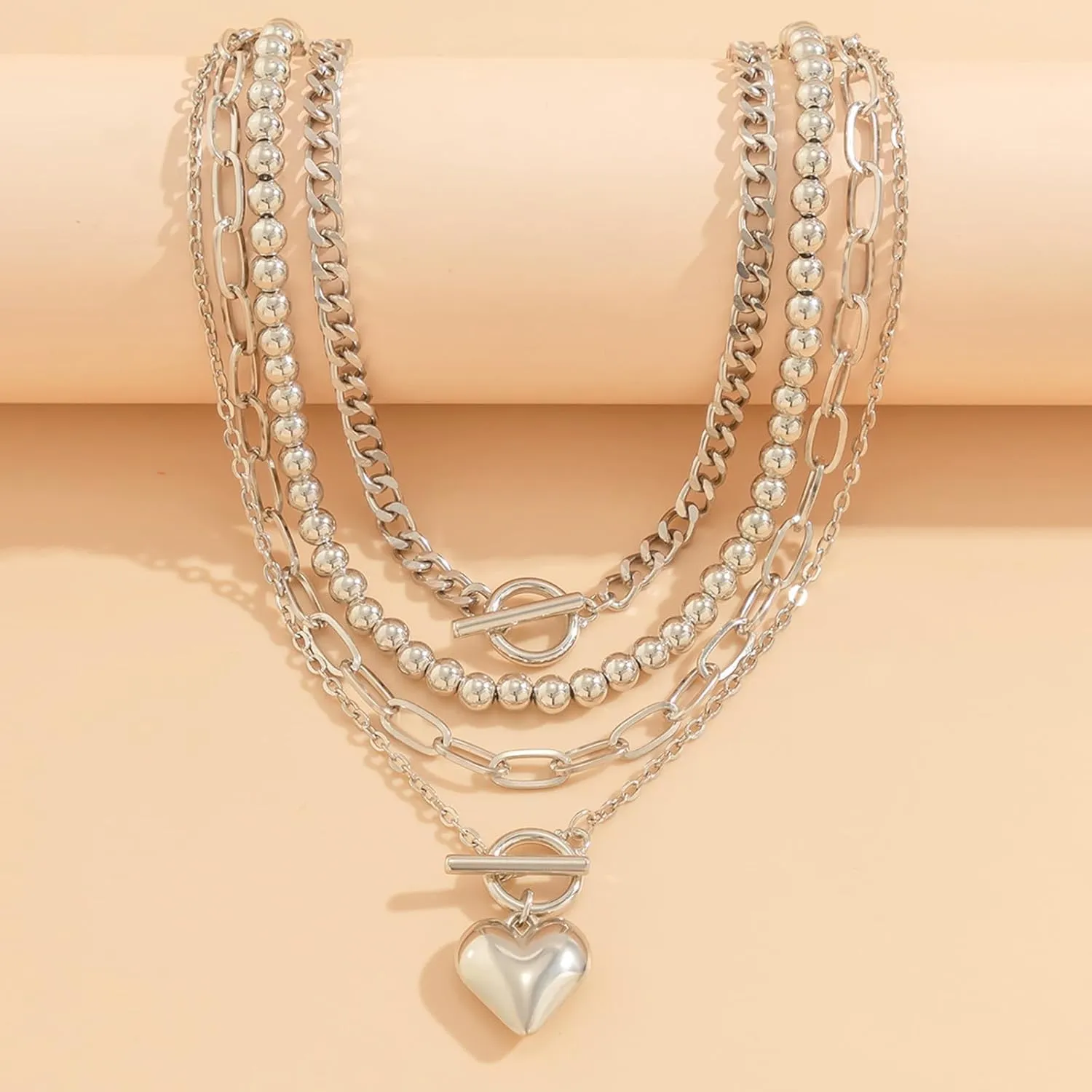 Layered Choker Necklace for Women Heart Pendant Stack Layered Cuban Paperclip Snake Chain Necklaces Trendy Retro Coin Dainty Pendant Gothic Black Necklaces Toggle Clasp Necklace for 4Pcs