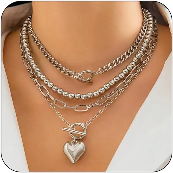 Layered Choker Necklace for Women Heart Pendant Stack Layered Cuban Paperclip Snake Chain Necklaces Trendy Retro Coin Dainty Pendant Gothic Black Necklaces Toggle Clasp Necklace for 4Pcs
