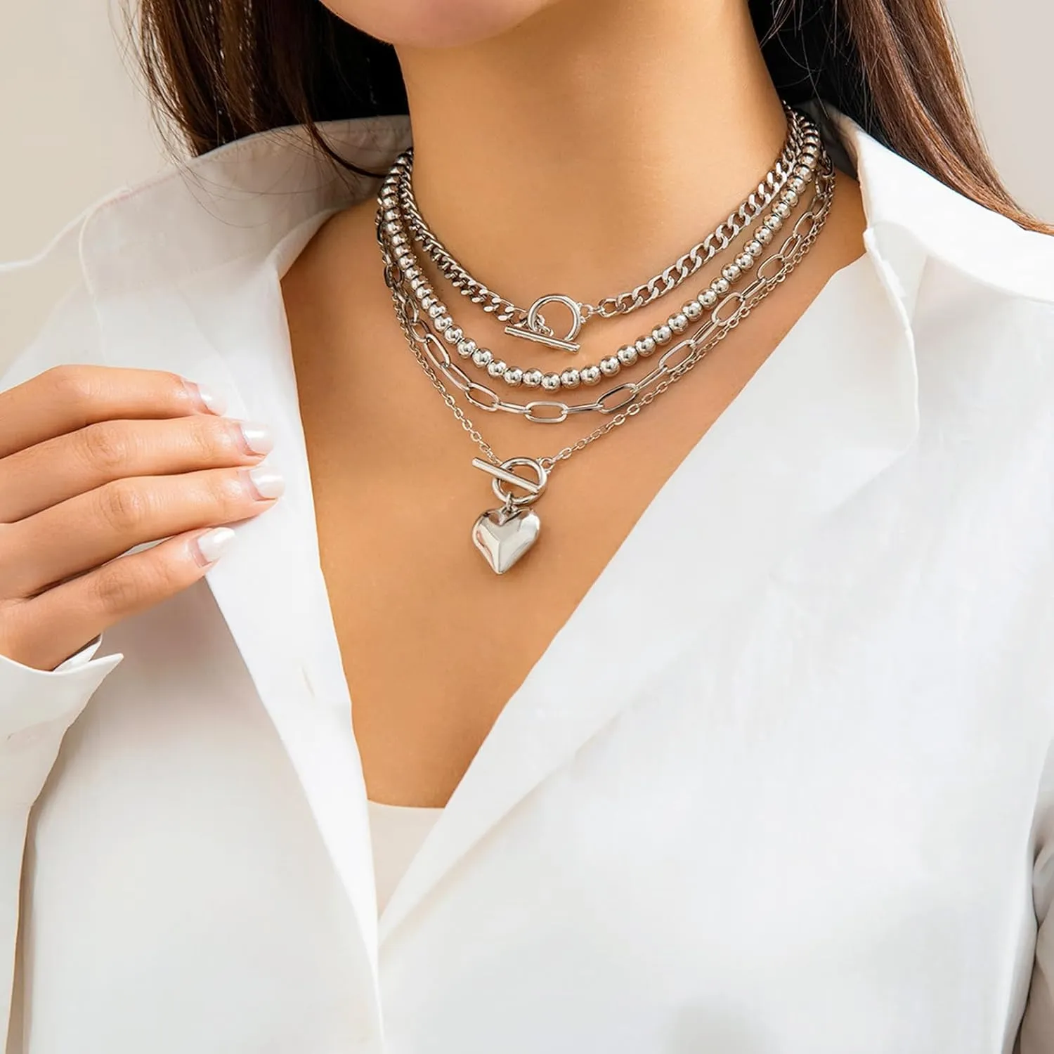 Layered Choker Necklace for Women Heart Pendant Stack Layered Cuban Paperclip Snake Chain Necklaces Trendy Retro Coin Dainty Pendant Gothic Black Necklaces Toggle Clasp Necklace for 4Pcs