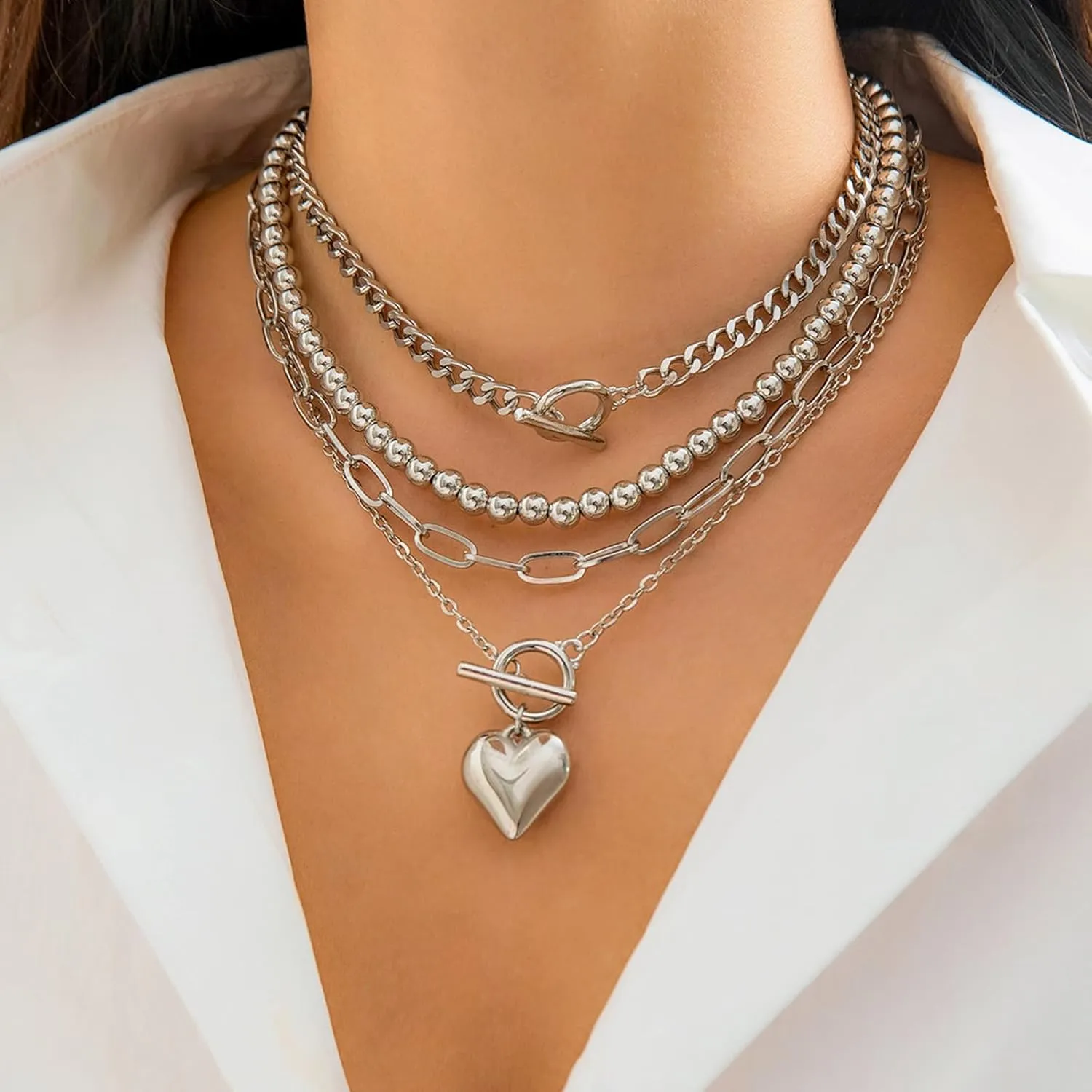 Layered Choker Necklace for Women Heart Pendant Stack Layered Cuban Paperclip Snake Chain Necklaces Trendy Retro Coin Dainty Pendant Gothic Black Necklaces Toggle Clasp Necklace for 4Pcs