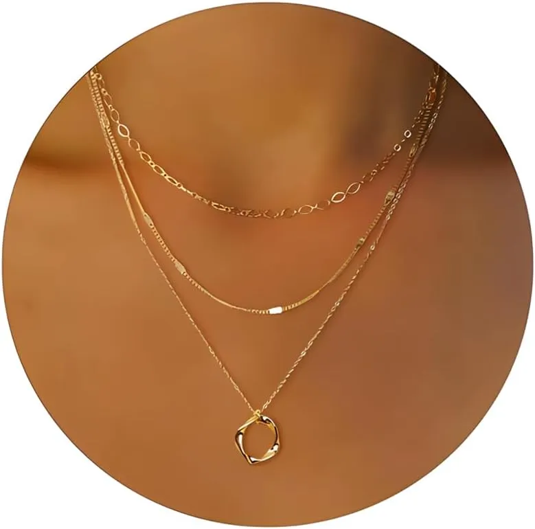 Layered Chunky Gold Necklaces Stack for Women Dainty Choker Necklace 14k Gold Cuban Paper Clip Chain Circle Cross Pendant Necklaces Trendy Jewelry Set Simple Jewelry Gift