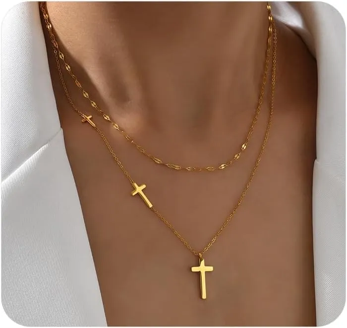 Layered Cross Necklaces for Women,Trendy Crucifix Pendant Choker Necklaces Stack Non Tarnish Necklace,Charm Christian Religious Jewelry Baptism Gifts