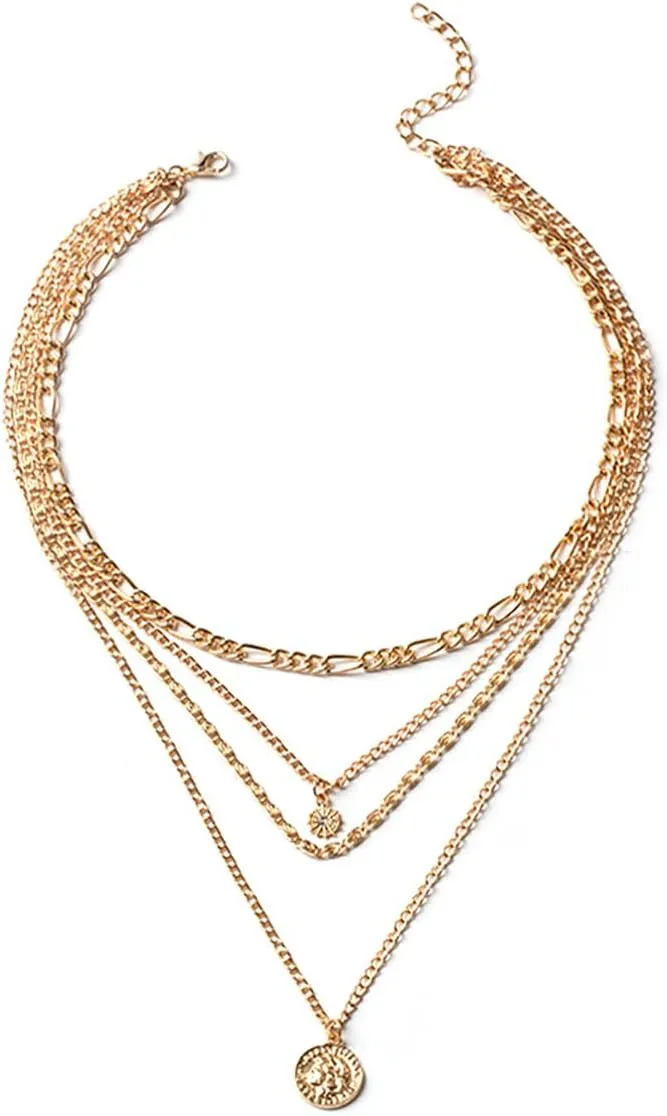 Layered Gold Necklaces for Women Bohemian Layered Pendant Necklace Dainty Chunky Chain Choker Necklaces Fashion Coin Pendant Necklace Jewelry