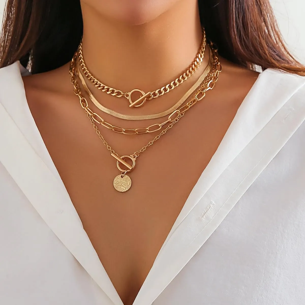 Layered Gold Necklaces Stack for Women,Chunky Gold Necklace Herringbone Paperclip Chain Necklace Pendant Dainty Cuban Chain Toggle Clasp Jewelry Gifts