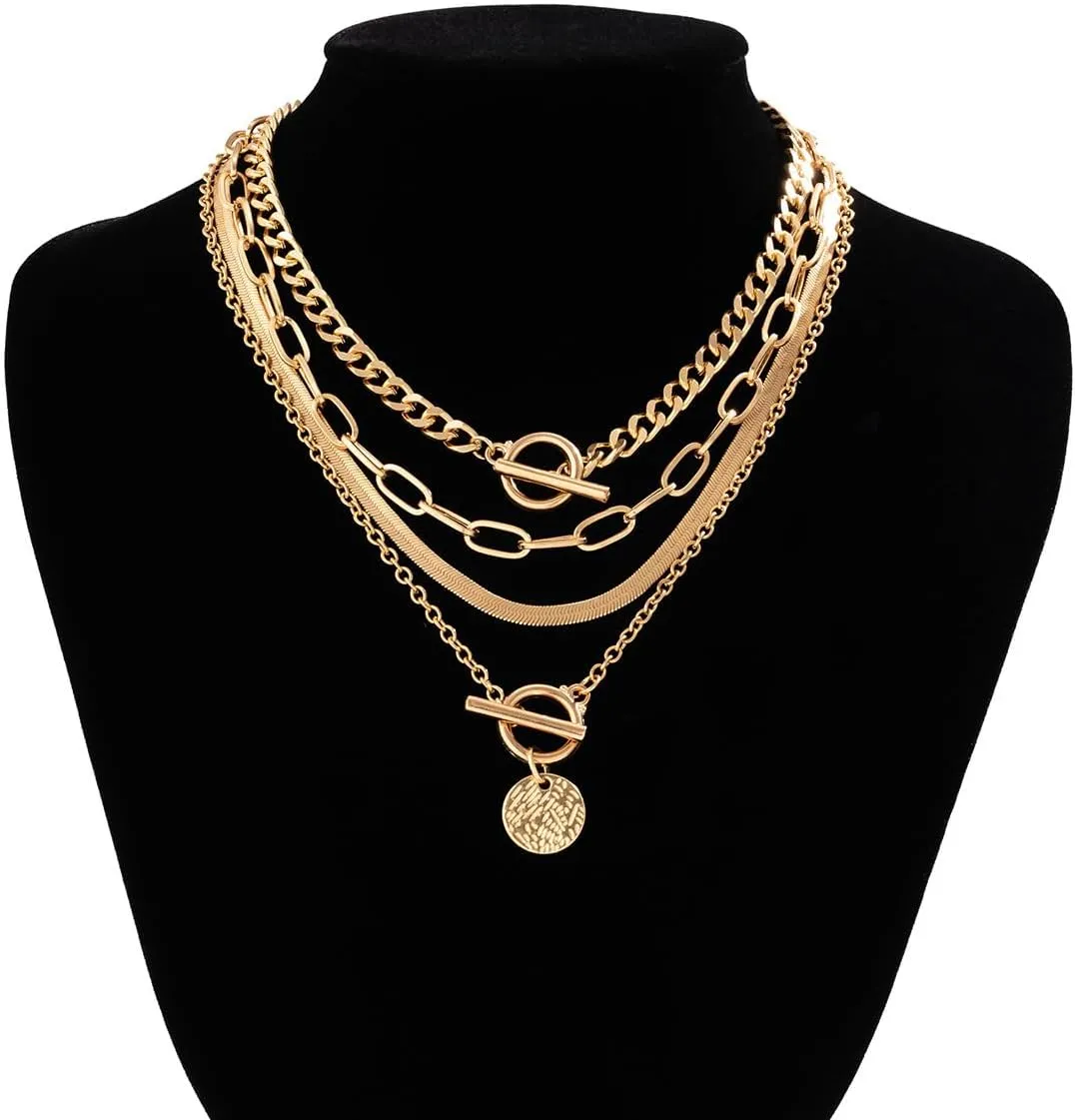 Layered Gold Necklaces Stack for Women,Chunky Gold Necklace Herringbone Paperclip Chain Necklace Pendant Dainty Cuban Chain Toggle Clasp Jewelry Gifts