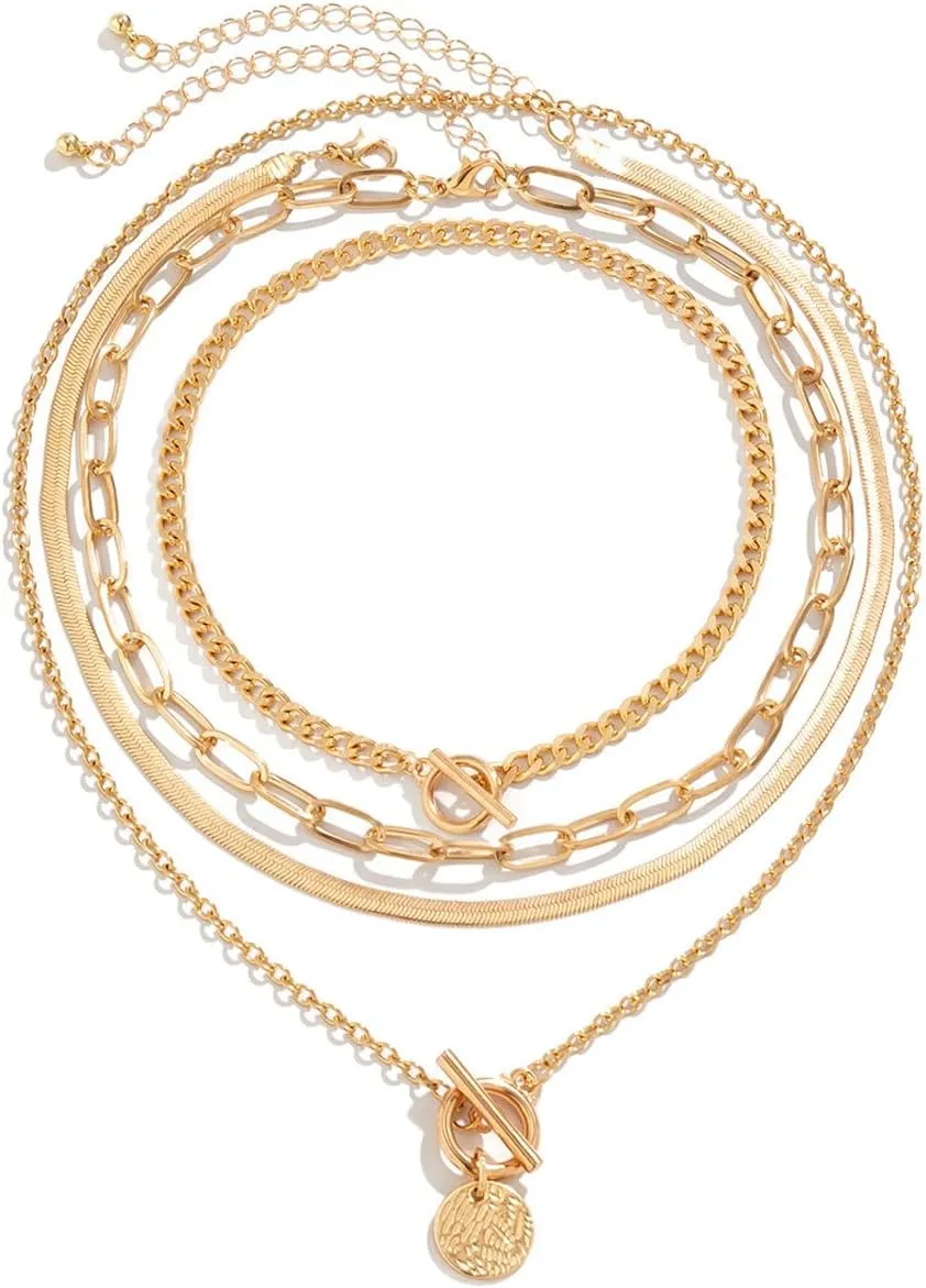 Layered Gold Necklaces Stack for Women,Chunky Gold Necklace Herringbone Paperclip Chain Necklace Pendant Dainty Cuban Chain Toggle Clasp Jewelry Gifts