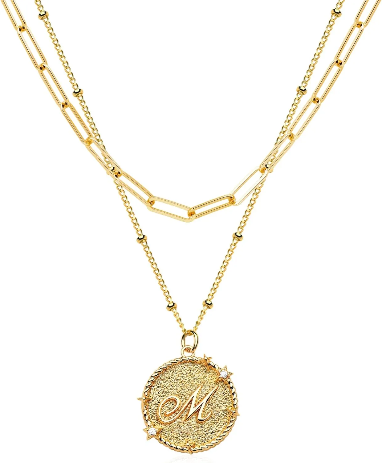 Layered Initail Necklaces for Women 14K Gold Plated Cubic Zirconia Layering Beaded Paperclip Chain Choker Necklace Dainty Pendant Letter A-Z Jewelry Letter