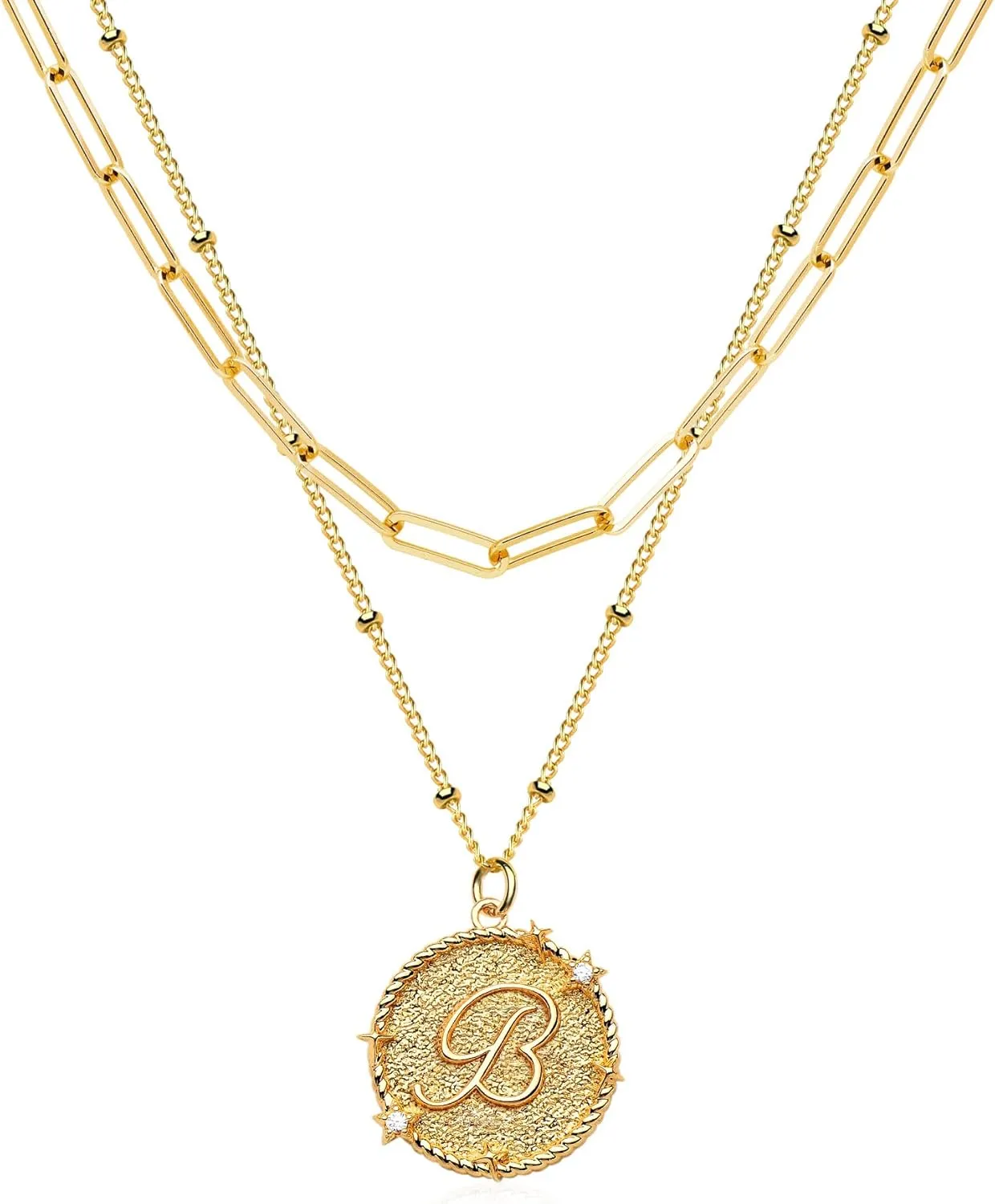 Layered Initail Necklaces for Women 14K Gold Plated Cubic Zirconia Layering Beaded Paperclip Chain Choker Necklace Dainty Pendant Letter A-Z Jewelry Letter