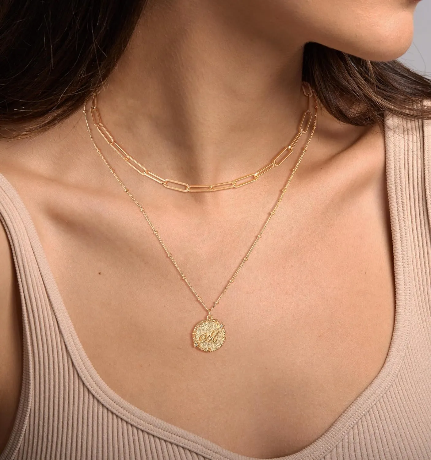 Layered Initail Necklaces for Women 14K Gold Plated Cubic Zirconia Layering Beaded Paperclip Chain Choker Necklace Dainty Pendant Letter A-Z Jewelry Letter