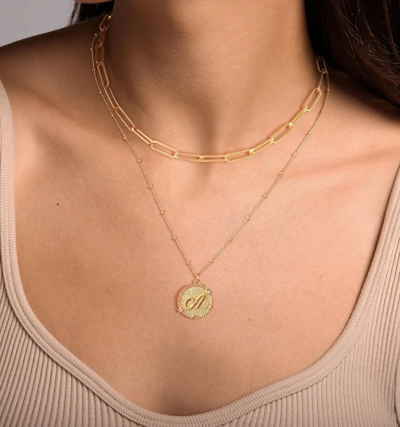 Layered Initail Necklaces for Women 14K Gold Plated Cubic Zirconia Layering Beaded Paperclip Chain Choker Necklace Dainty Pendant Letter A-Z Jewelry Letter