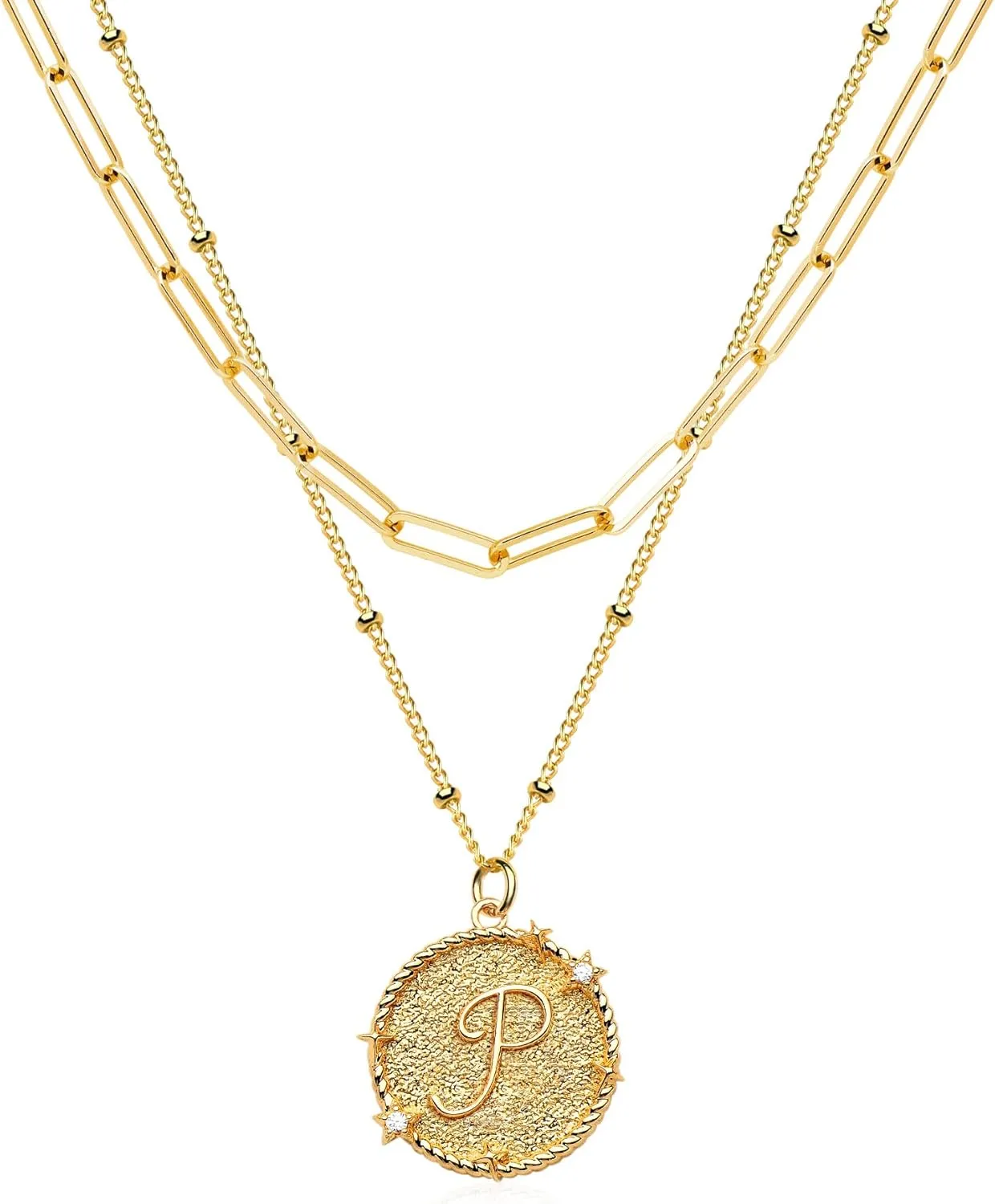 Layered Initail Necklaces for Women 14K Gold Plated Cubic Zirconia Layering Beaded Paperclip Chain Choker Necklace Dainty Pendant Letter A-Z Jewelry Letter